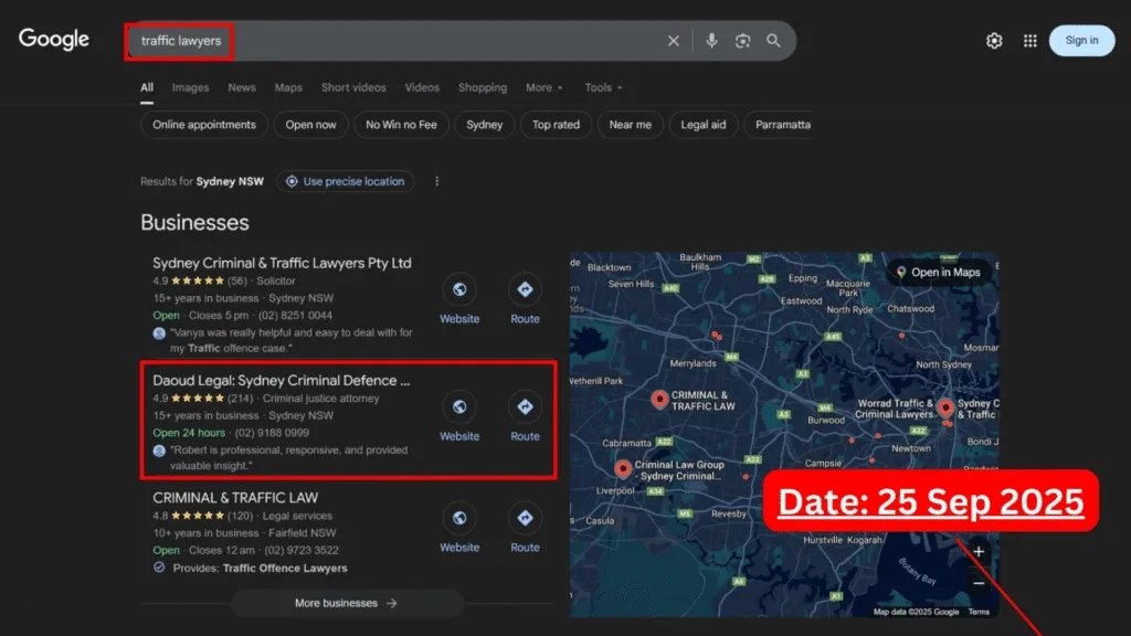 Live SERP Screenshot of Commersion Legal Law Firm SEO Client SCDTL in Rank #2 for 