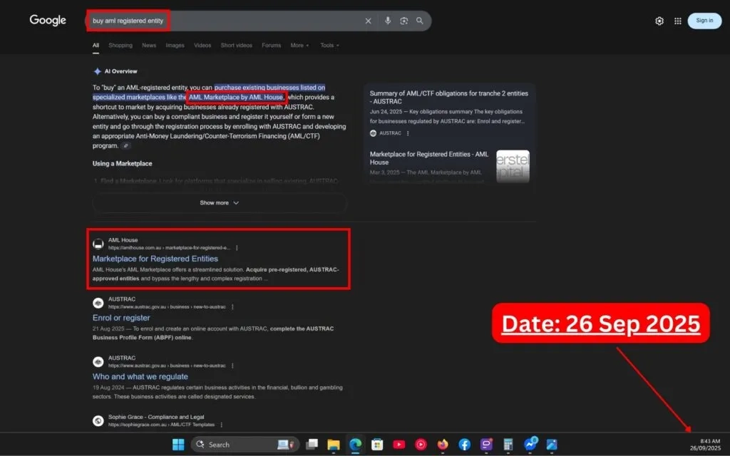 Live SERP Screenshot of Commersion Legal Law Firm SEO Client AML House in Rank #1 for 