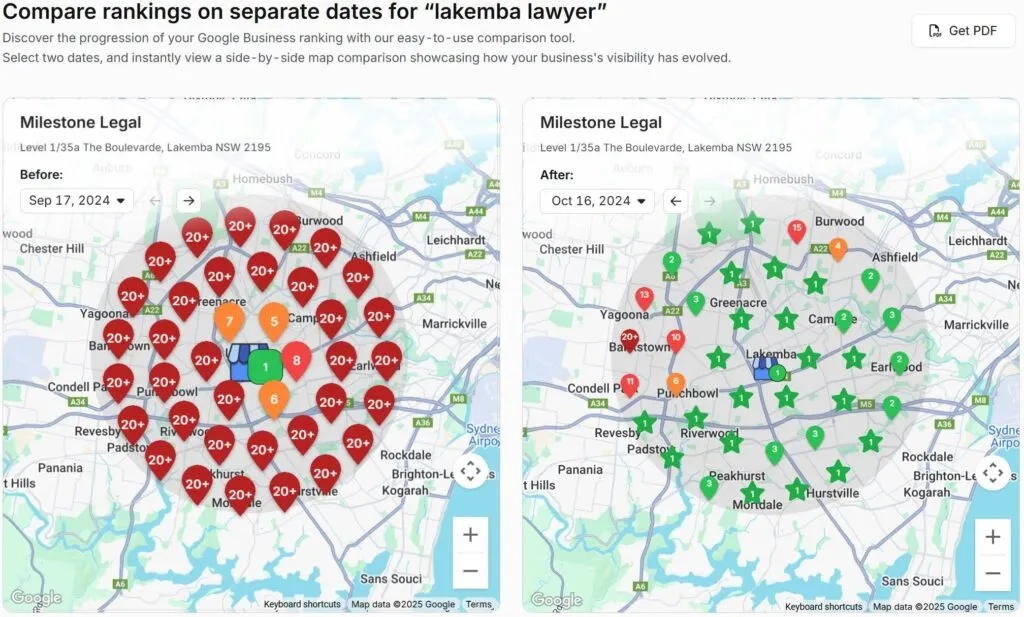 Milestone Legal's Google Business ranking comparison for 