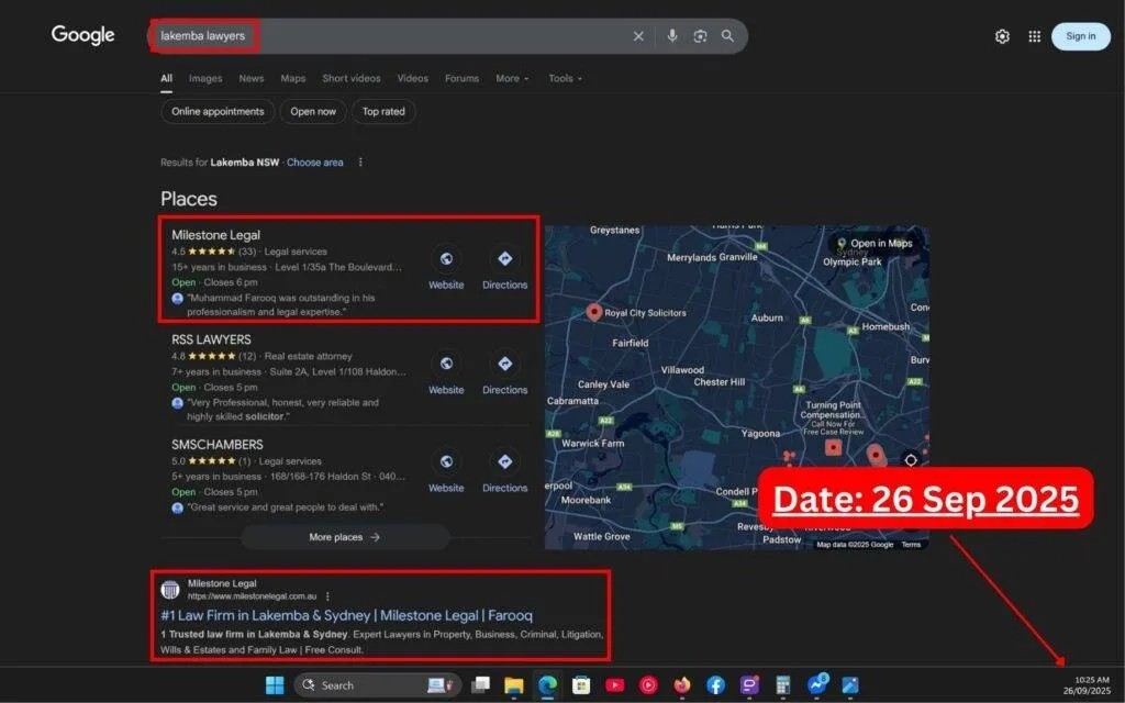 Live SERP Screenshot of Commersion Legal Law Firm SEO Client Milestone Legal in Rank #1 for 