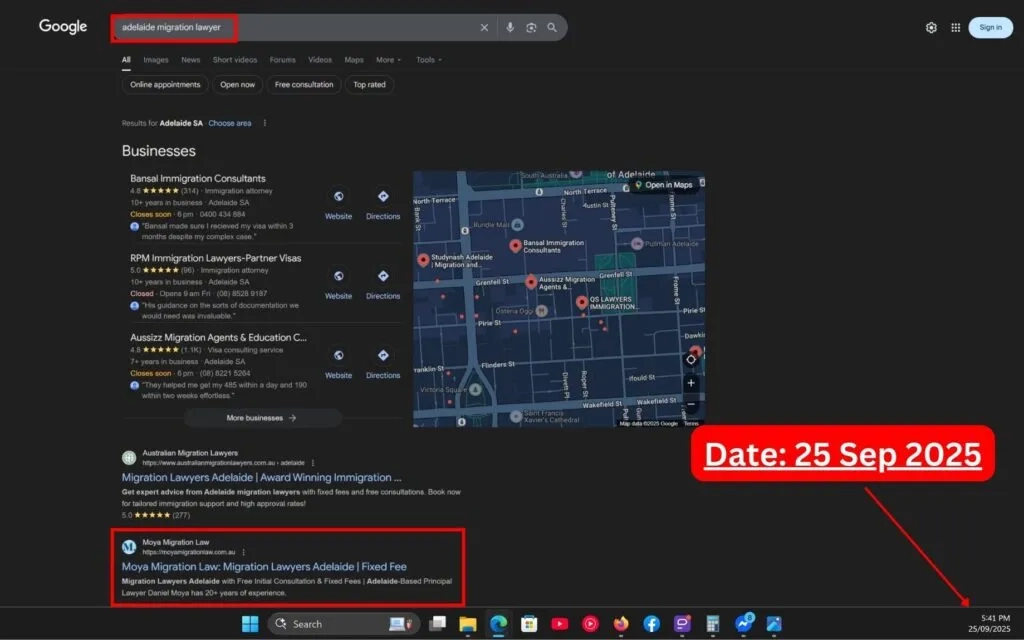 Live SERP Screenshot of Commersion Legal Law Firm SEO Client Moya Migration Law in Rank #2 for 
