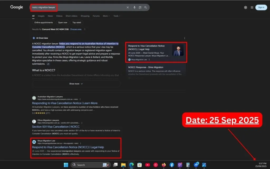 Live SERP Screenshot of Commersion Legal Law Firm SEO Client Moya Migration Law in Top-3 for 