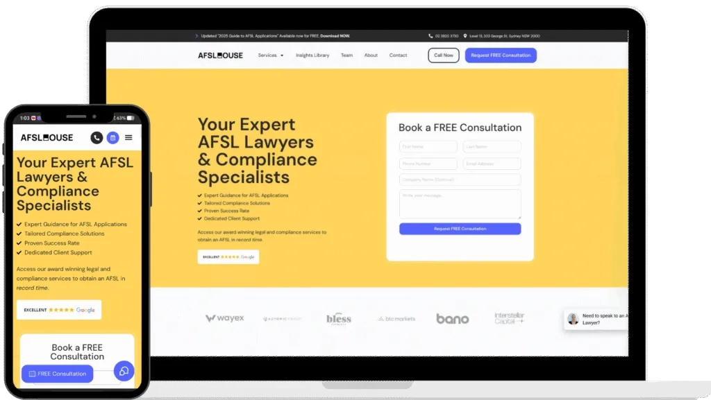 Website Screenshot of Commersion Legal Law Firm SEO Client AFSL House — website after SEO/CRO redesign (new version)