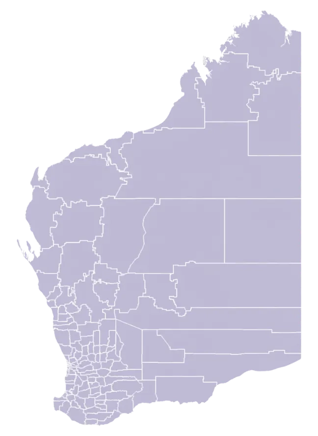 Map of Western Australia showing electoral boundaries. SEO for law firms in Perth may need to understand local areas.